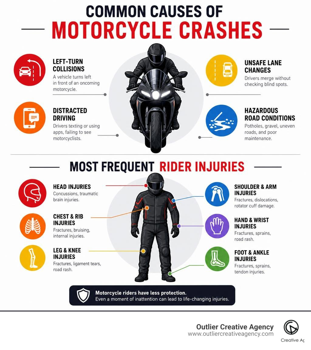 Infographic displaying common causes of motorcycle crashes and the most frequent rider injuries infographic