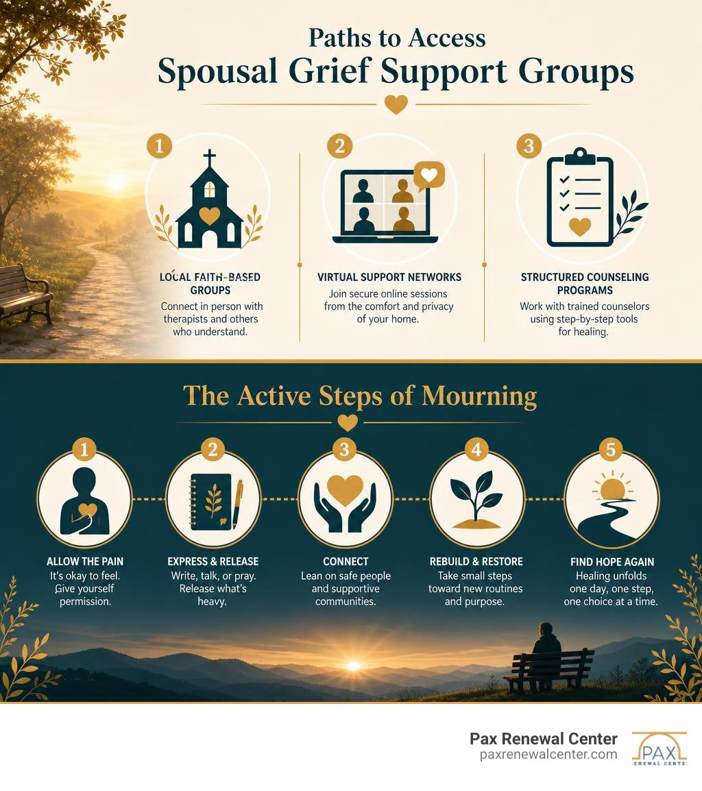 Paths to access spousal grief support groups and the active steps of mourning infographic Paths to access spousal grief support groups and the active steps of mourning infographic
