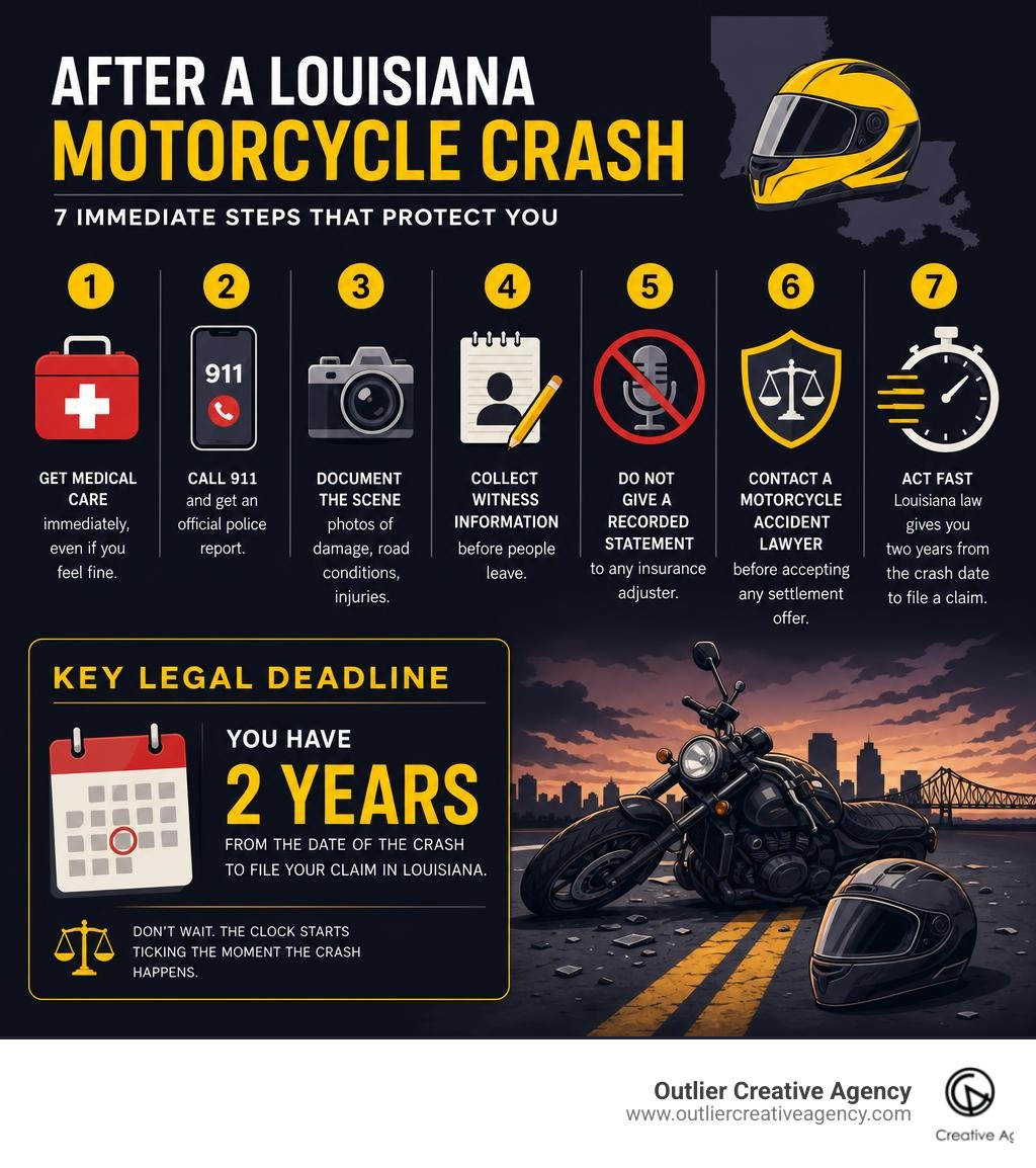 Infographic showing immediate steps after a Louisiana motorcycle crash and key legal deadlines infographic