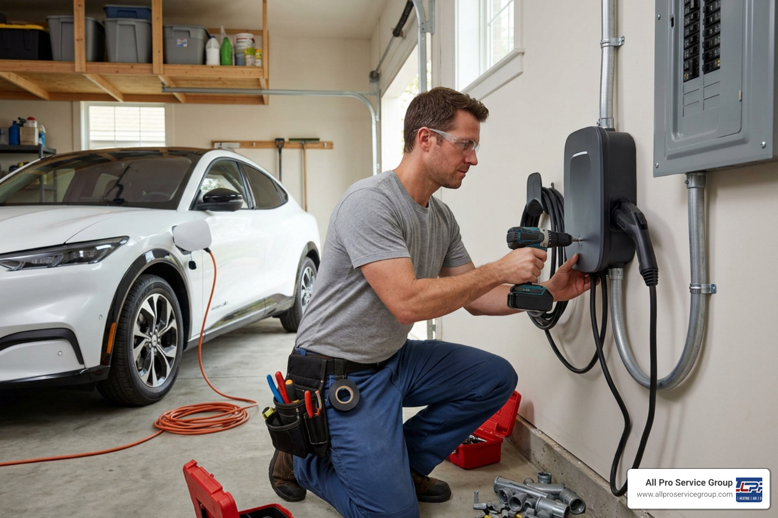 Licensed electrician safely installing a Level 2 EV charging station in a residential garage Licensed electrician safely installing a Level 2 EV charging station in a residential garage