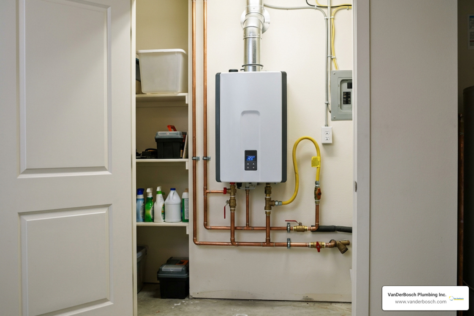 A space-saving wall-mounted tankless water heater installed in a utility closet A space-saving wall-mounted tankless water heater installed in a utility closet