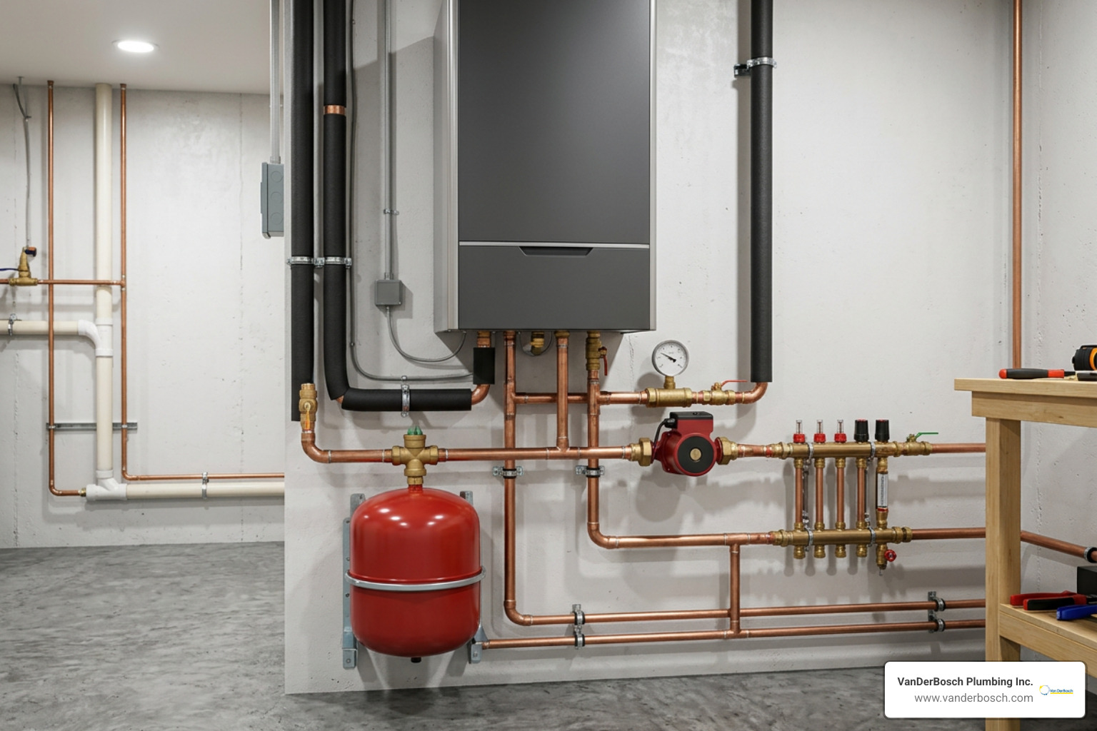 A modern residential hydronic boiler system with copper piping and a circulation pump A modern residential hydronic boiler system with copper piping and a circulation pump