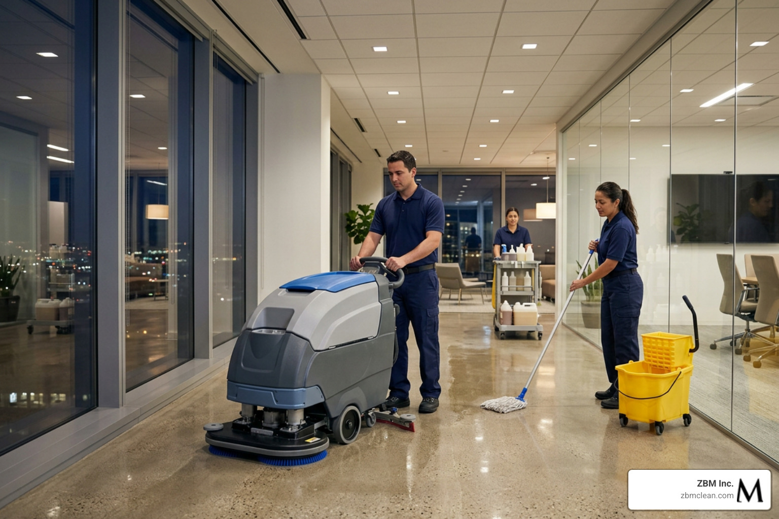 Professional cleaning crew using advanced floor care equipment Professional cleaning crew using advanced floor care equipment