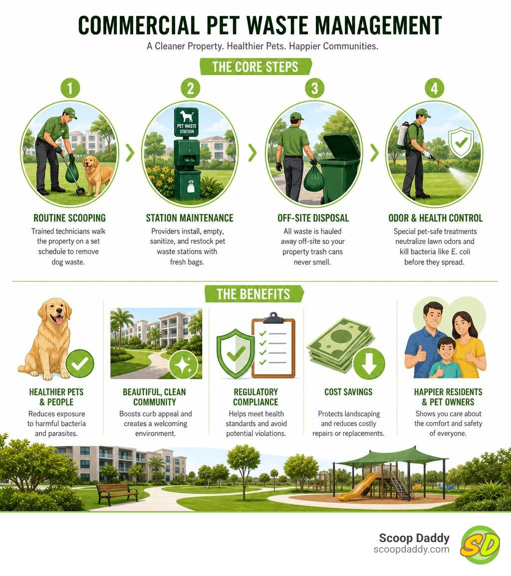 Infographic showing the core steps and benefits of commercial pet waste management infographic
