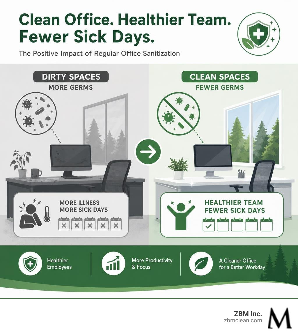 Infographic showing the positive impact of regular office sanitization on reducing employee sick days infographic Infographic showing the positive impact of regular office sanitization on reducing employee sick days infographic