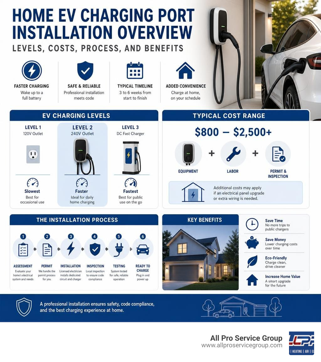 Home EV charging port installation overview: levels, costs, process, and benefits infographic infographic Home EV charging port installation overview: levels, costs, process, and benefits infographic infographic