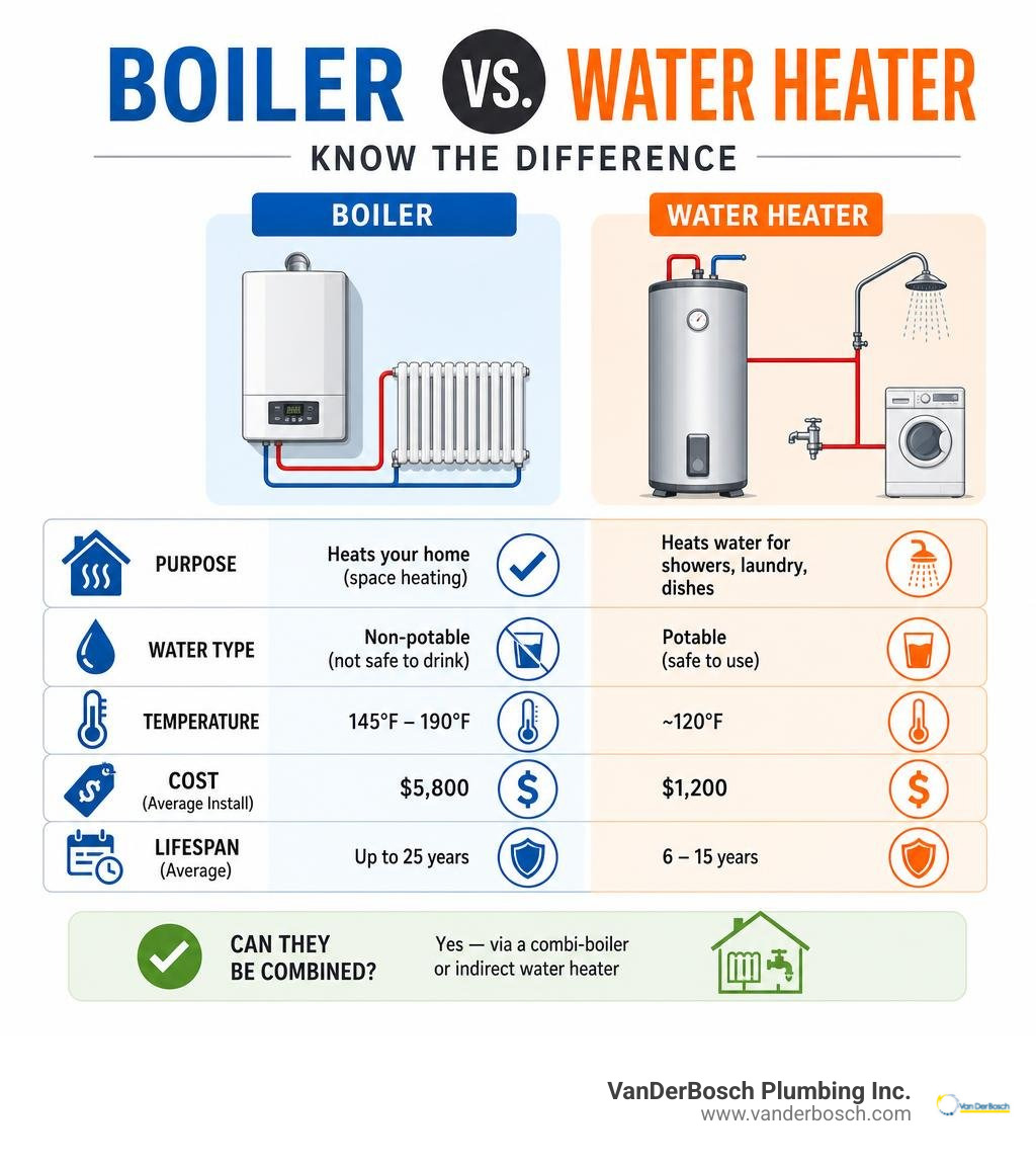 Boiler vs water heater comparison infographic showing purpose, water type, temperature, cost, and lifespan infographic Boiler vs water heater comparison infographic showing purpose, water type, temperature, cost, and lifespan infographic