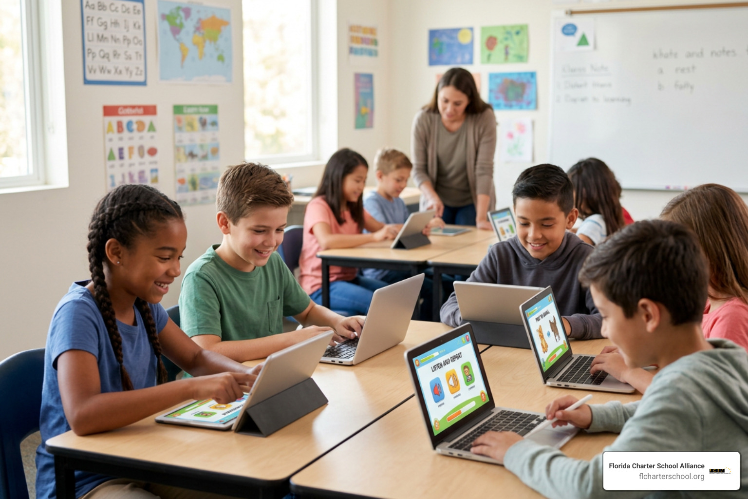 Students utilizing interactive digital tools for language learning Students utilizing interactive digital tools for language learning