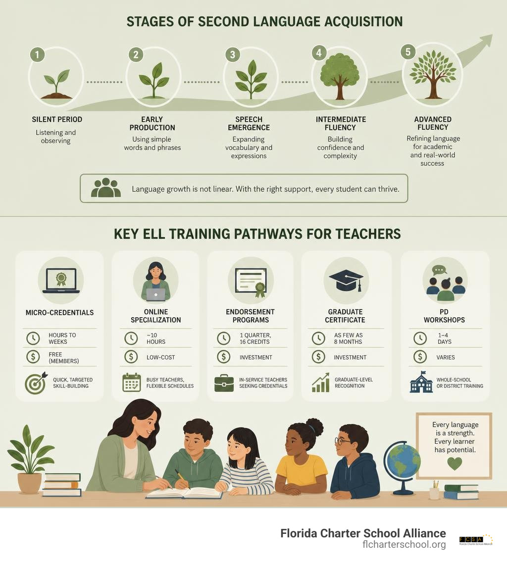 Stages of second language acquisition and key ELL training pathways for teachers infographic Stages of second language acquisition and key ELL training pathways for teachers infographic