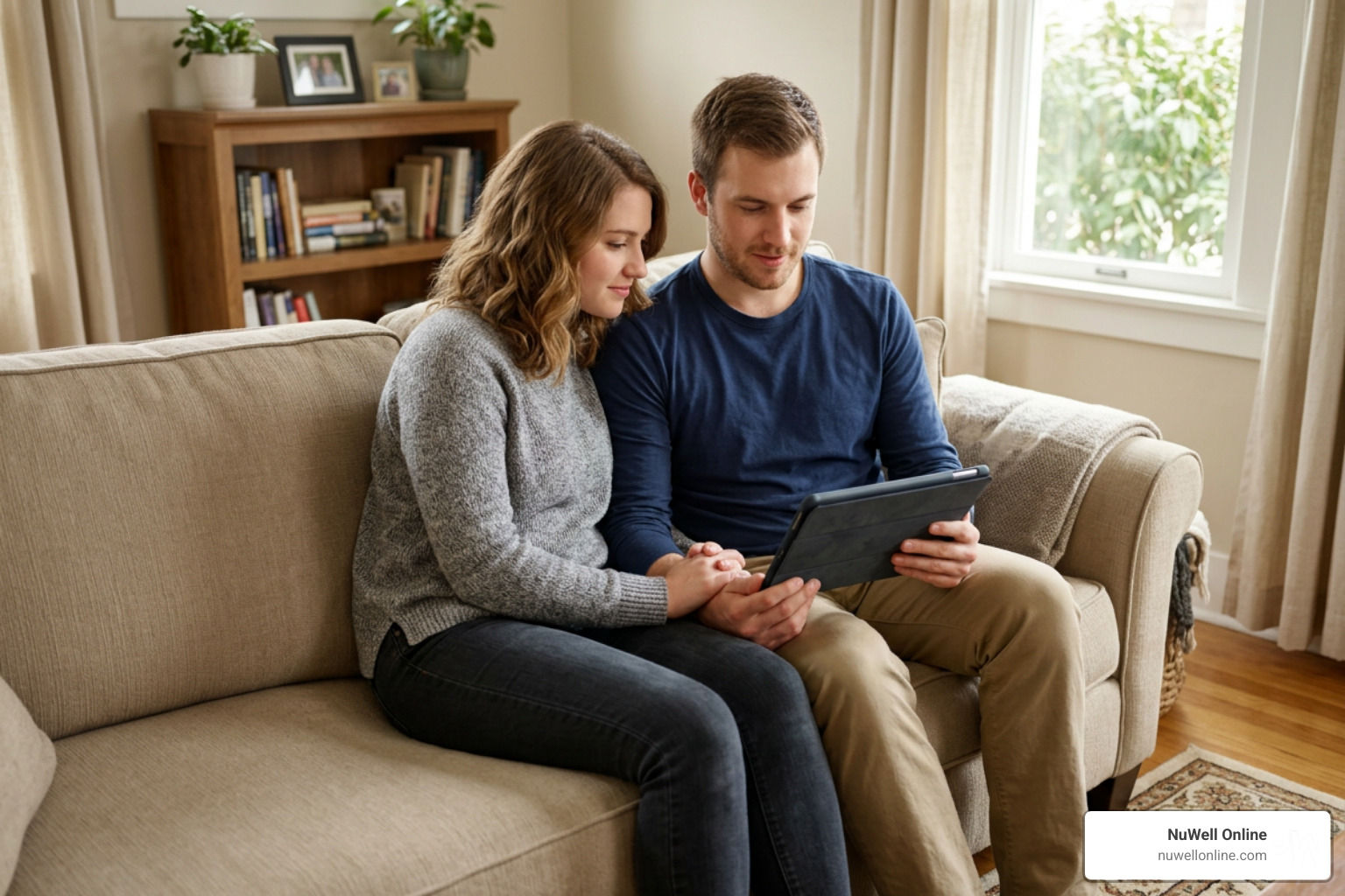 couple holding hands while looking at a tablet couple holding hands while looking at a tablet