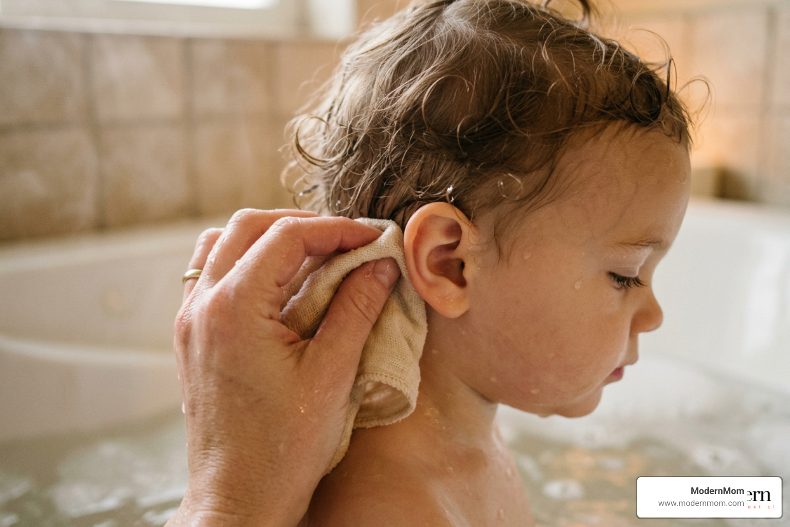preparing a warm washcloth for toddler ear cleaning
