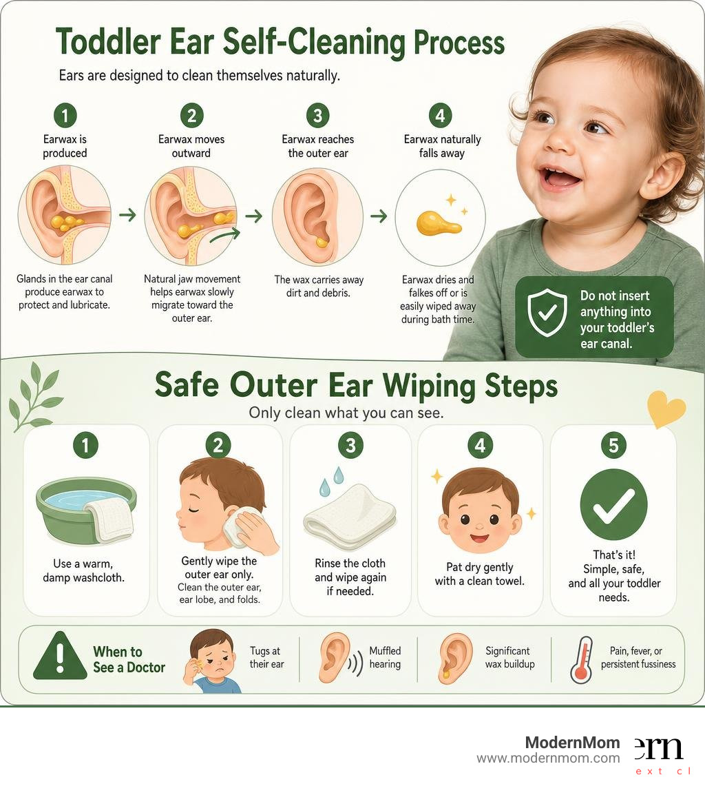 Infographic showing toddler ear self-cleaning process and safe outer ear wiping steps infographic