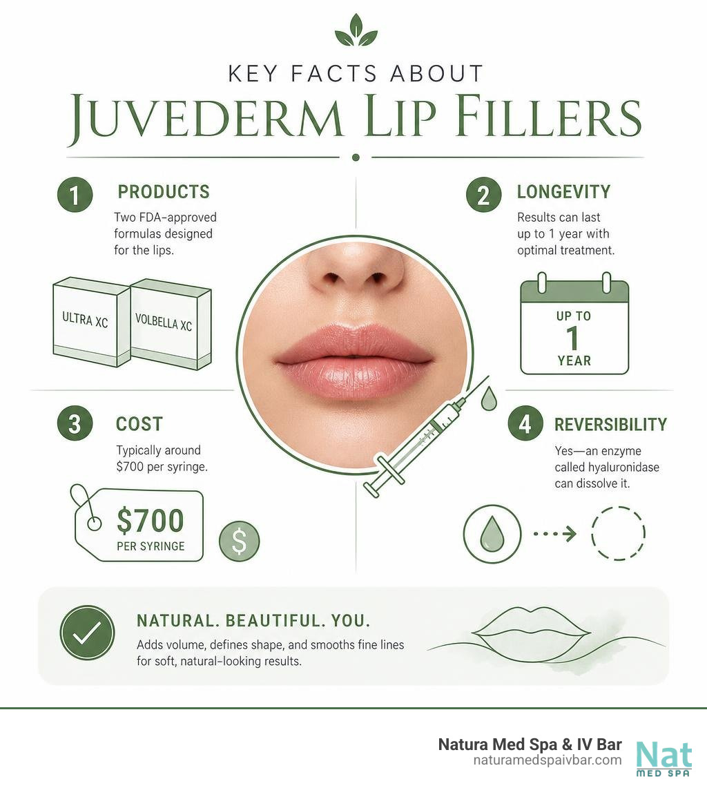 Key facts about Juvederm lip fillers including products, longevity, cost, and reversibility infographic Key facts about Juvederm lip fillers including products, longevity, cost, and reversibility infographic