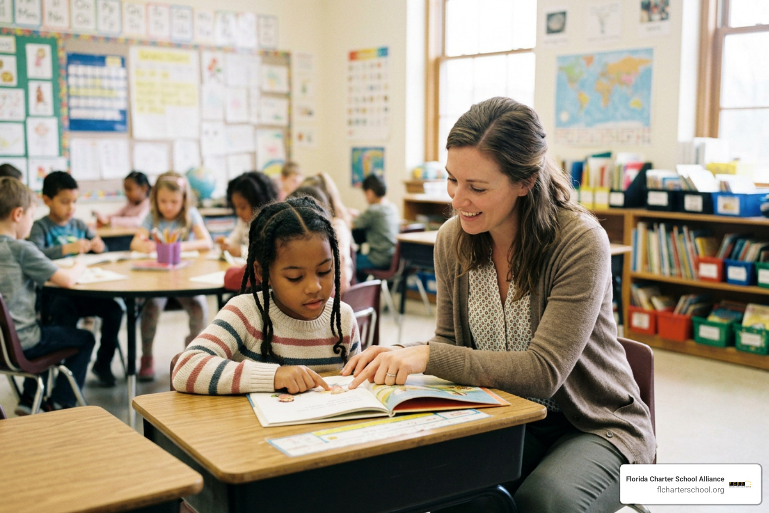 A supportive charter school teacher guiding an ELL student through a reading lesson A supportive charter school teacher guiding an ELL student through a reading lesson