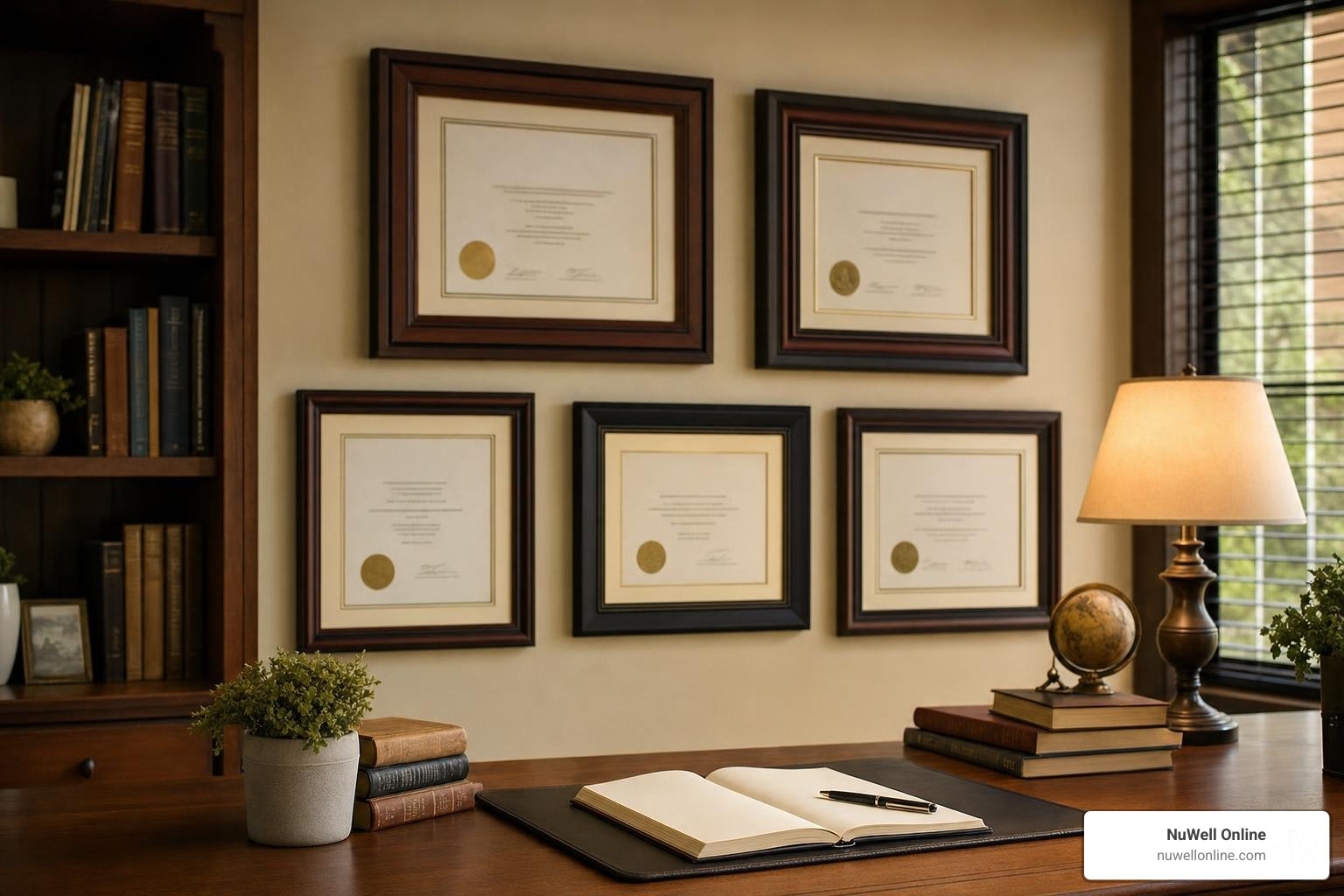A certified pastoral counselor's credentials and theological degrees displayed professionally