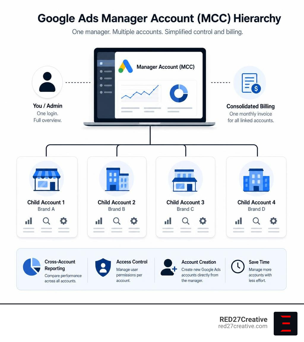 Google Ads Manager Account MCC hierarchy showing manager account linking to child accounts and billing infographic Google Ads Manager Account MCC hierarchy showing manager account linking to child accounts and billing infographic
