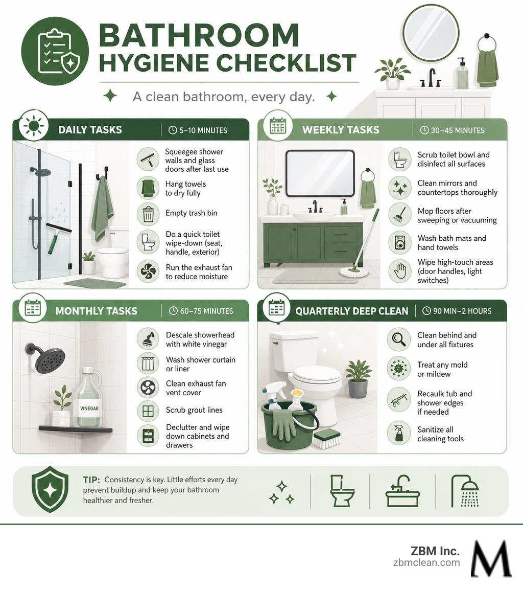 Bathroom hygiene checklist infographic showing daily, weekly, monthly, and quarterly cleaning tasks infographic Bathroom hygiene checklist infographic showing daily, weekly, monthly, and quarterly cleaning tasks infographic