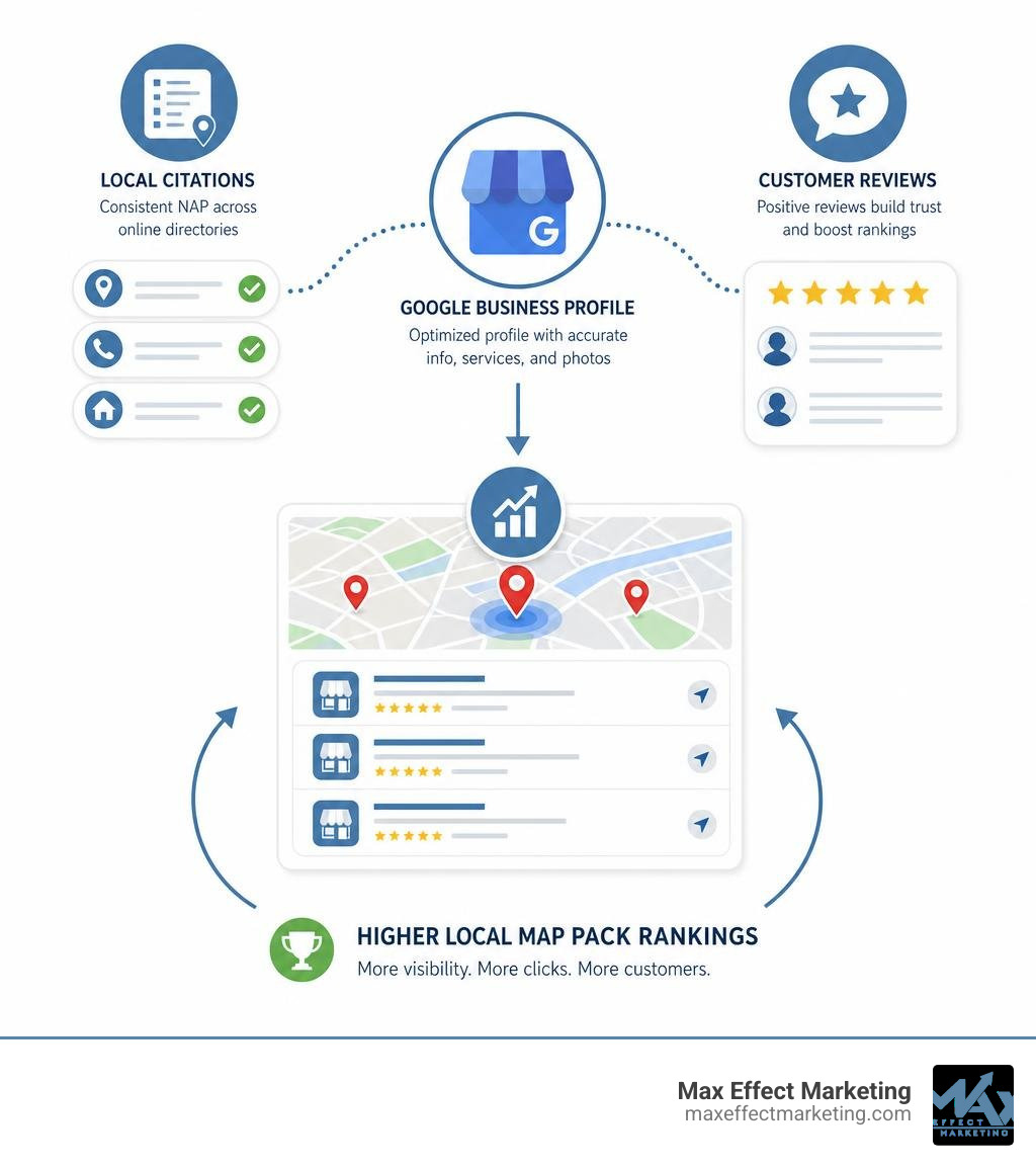Brief visual showing how local citations and a Google Business Profile drive local map pack rankings infographic Brief visual showing how local citations and a Google Business Profile drive local map pack rankings infographic