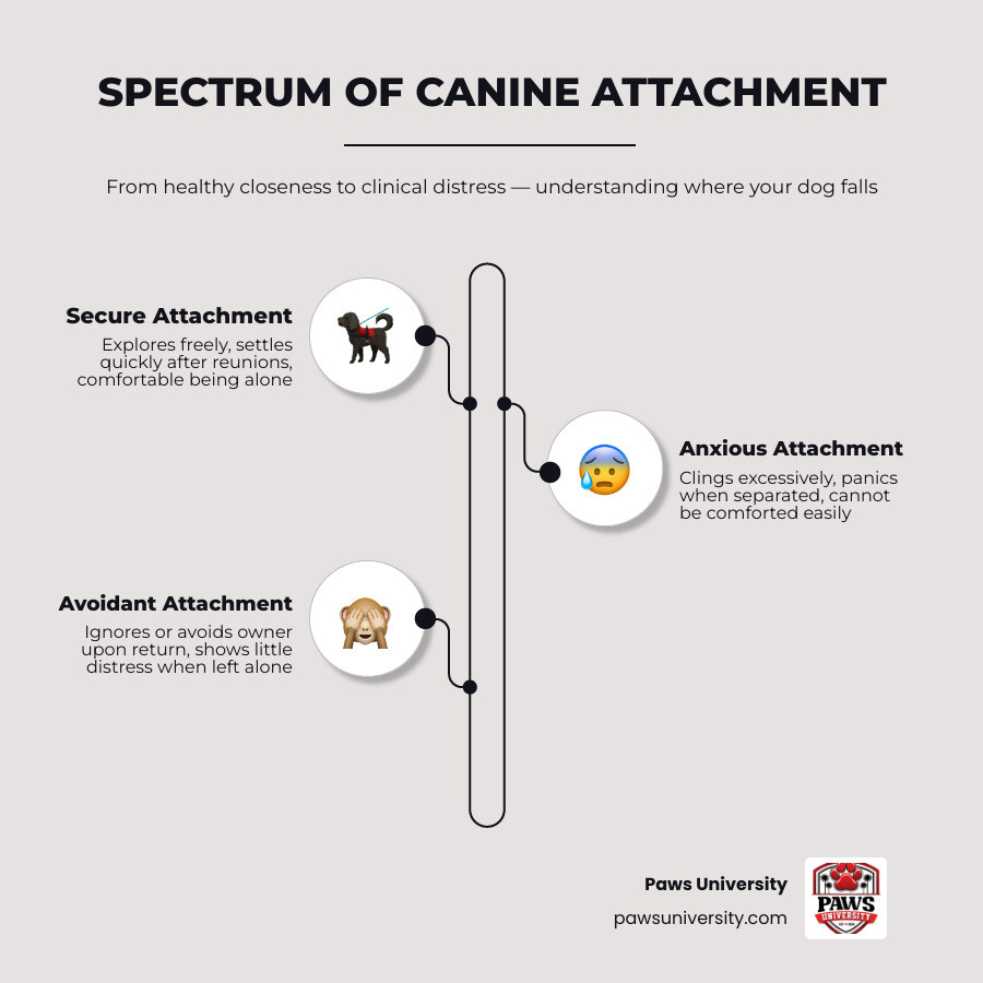 Spectrum of canine attachment behaviors from secure to anxious, with behavior signs and descriptions infographic Spectrum of canine attachment behaviors from secure to anxious, with behavior signs and descriptions infographic