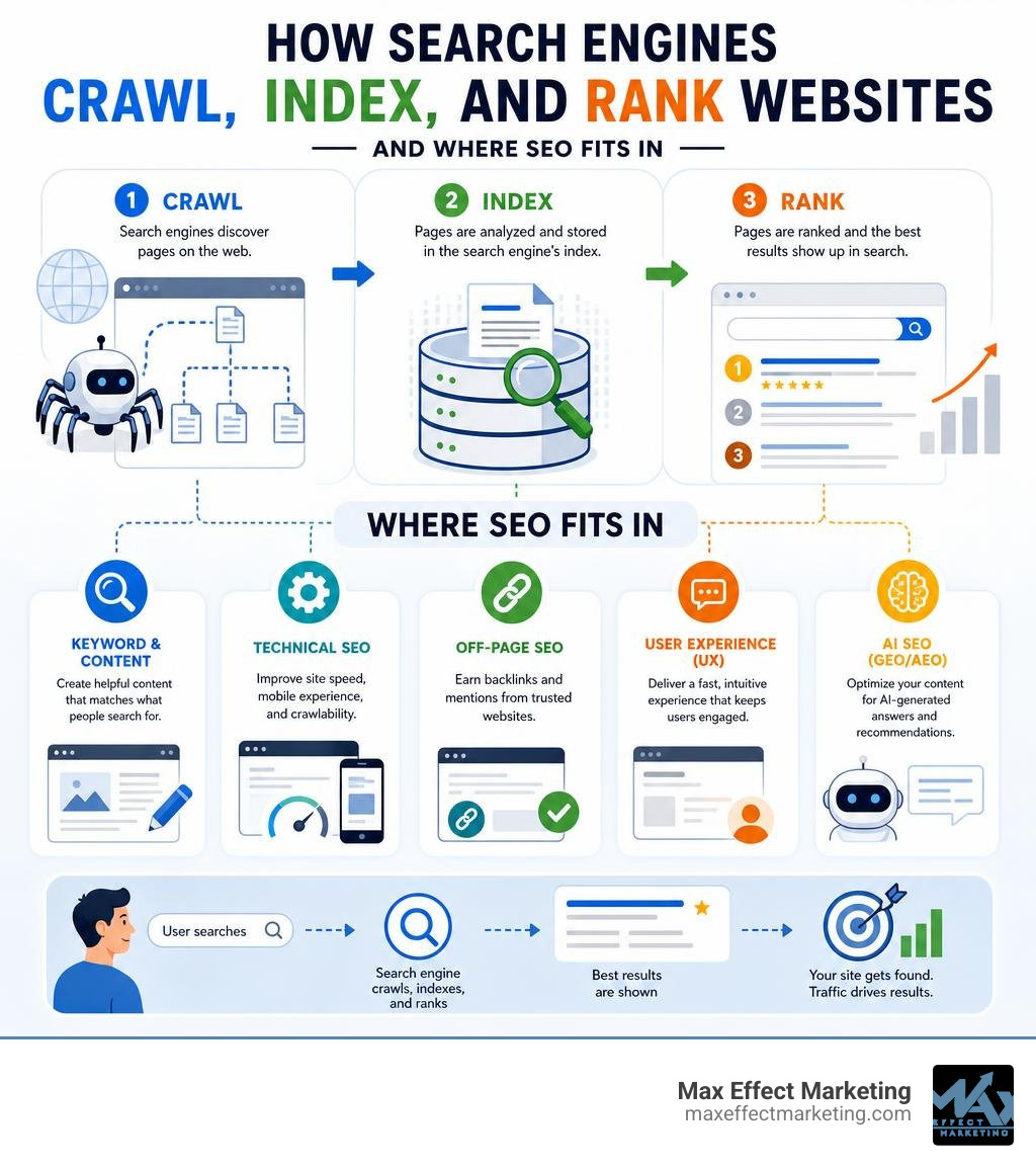 How search engines crawl, index, and rank websites — and where SEO fits in infographic How search engines crawl, index, and rank websites — and where SEO fits in infographic