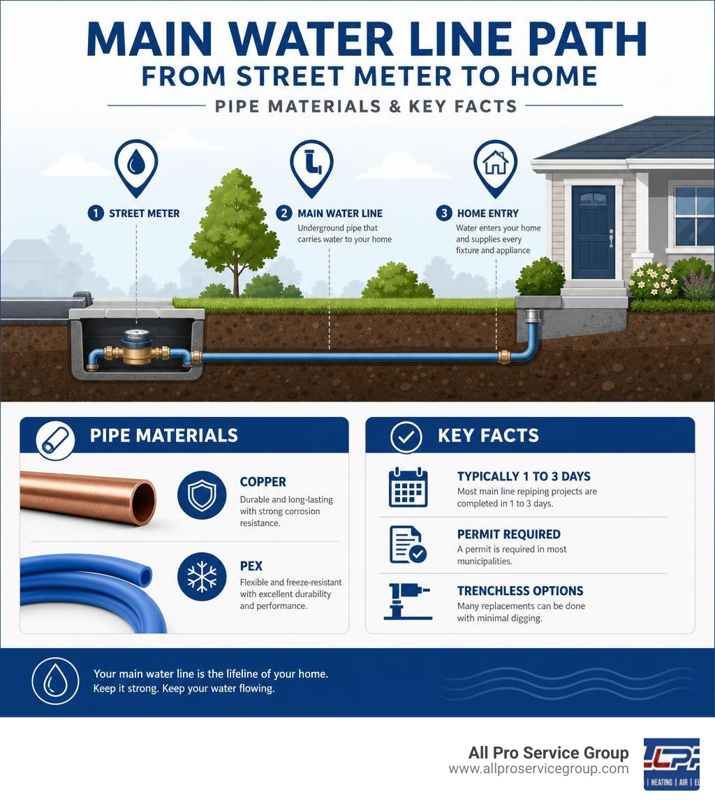 Main water line path from street meter to home with pipe materials and key facts infographic