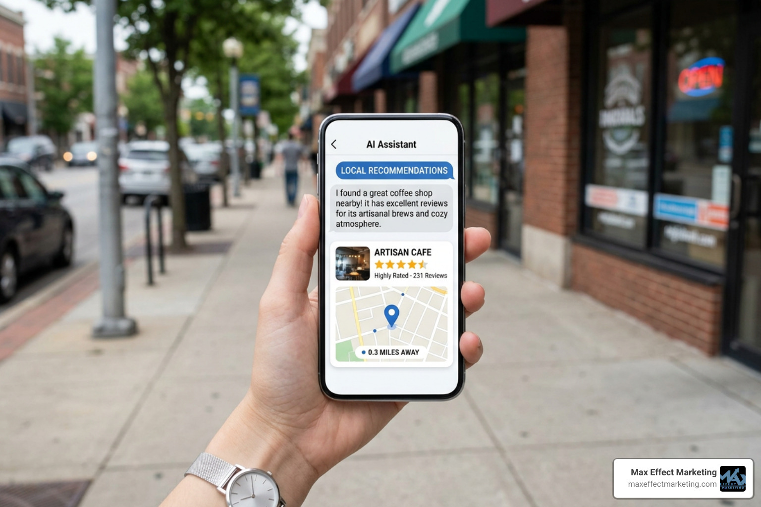 An AI assistant on a mobile screen recommending a top-rated local business An AI assistant on a mobile screen recommending a top-rated local business