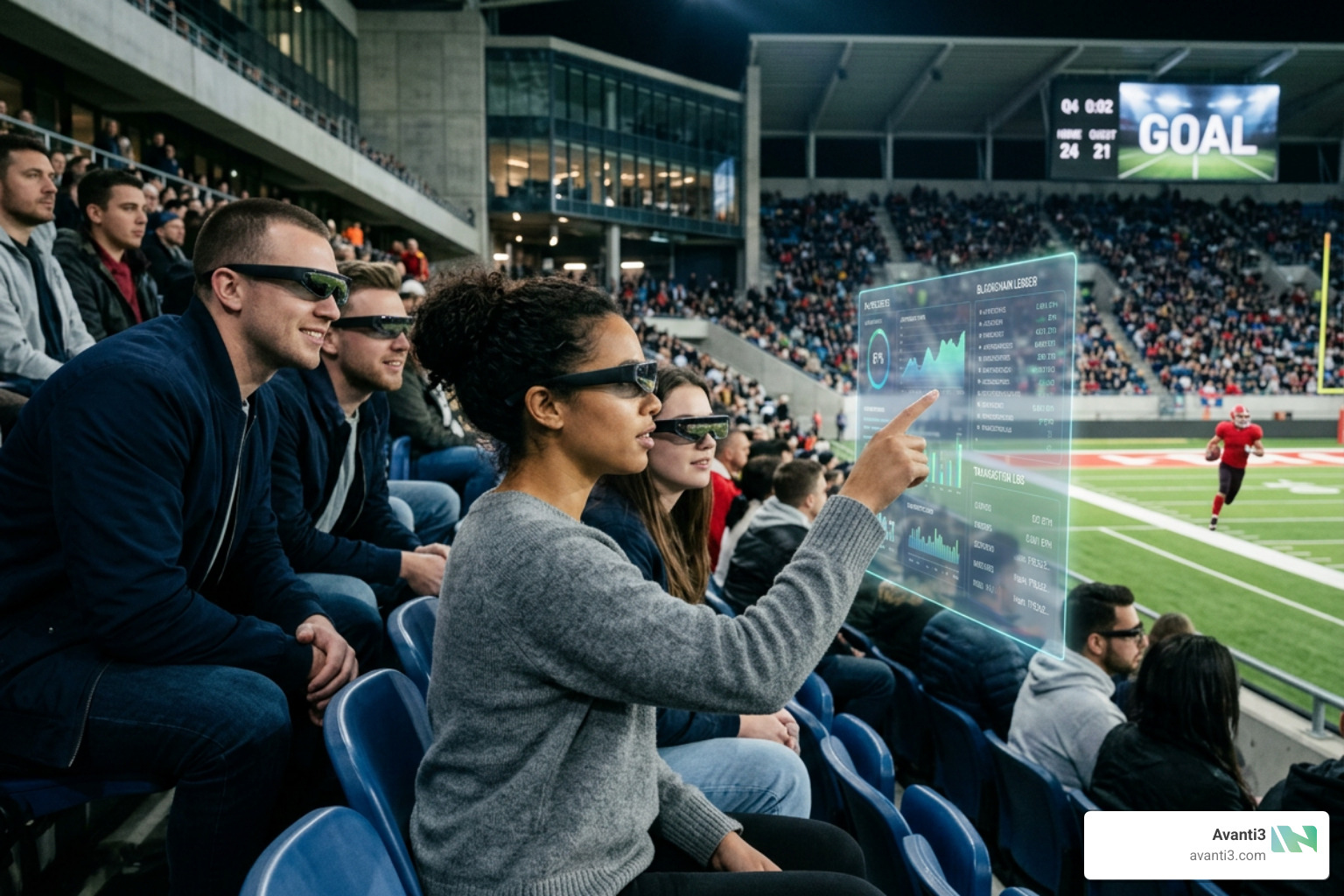 Futuristic sports fans using AR glasses to view real-time on-chain fantasy player stats