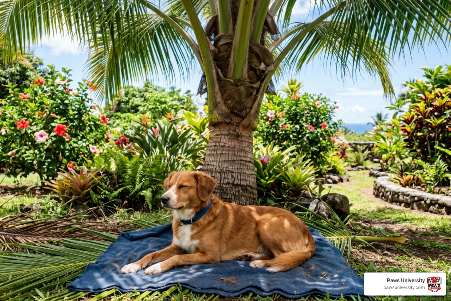 A calm dog relaxing peacefully under a palm tree in a tropical garden in Hawaii County A calm dog relaxing peacefully under a palm tree in a tropical garden in Hawaii County