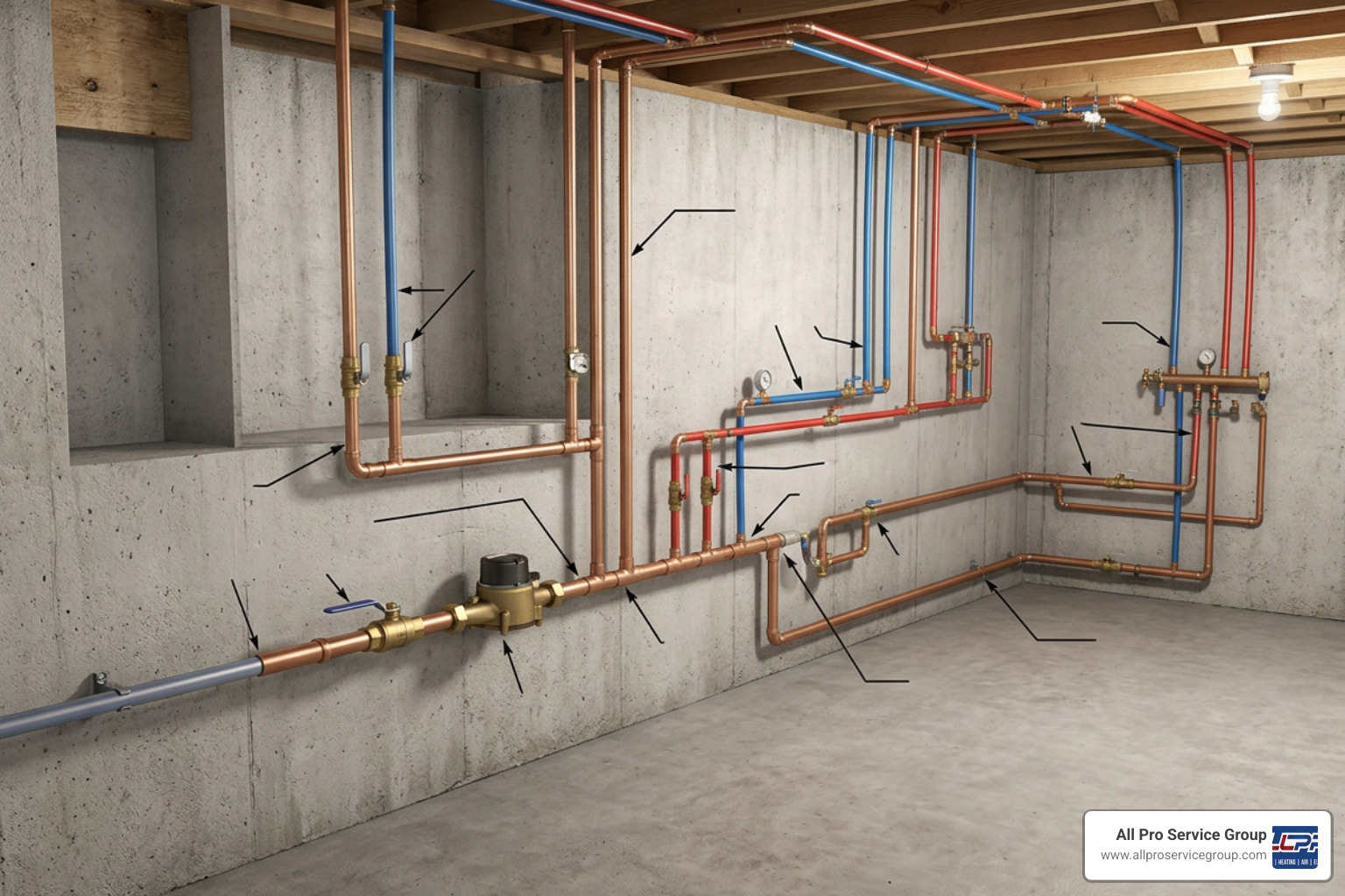 Interior plumbing pipes and water meter connection layout