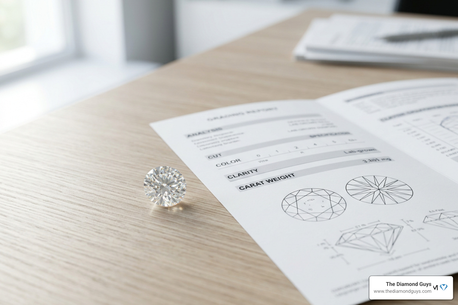 Certified lab-grown diamond with grading report showing the 4Cs