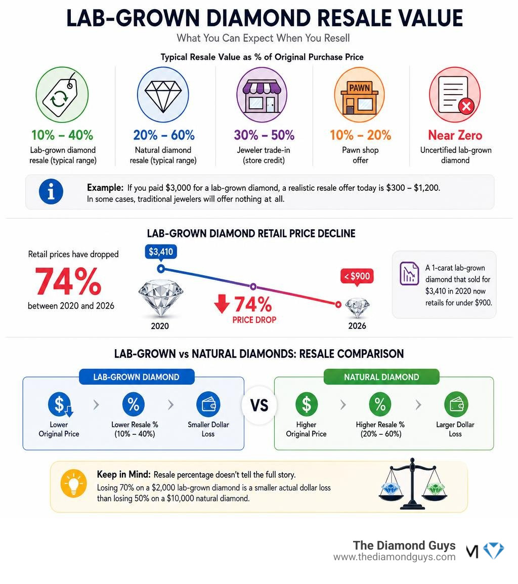 Infographic showing lab-grown diamond resale value ranges, price decline timeline, and comparison to natural diamonds