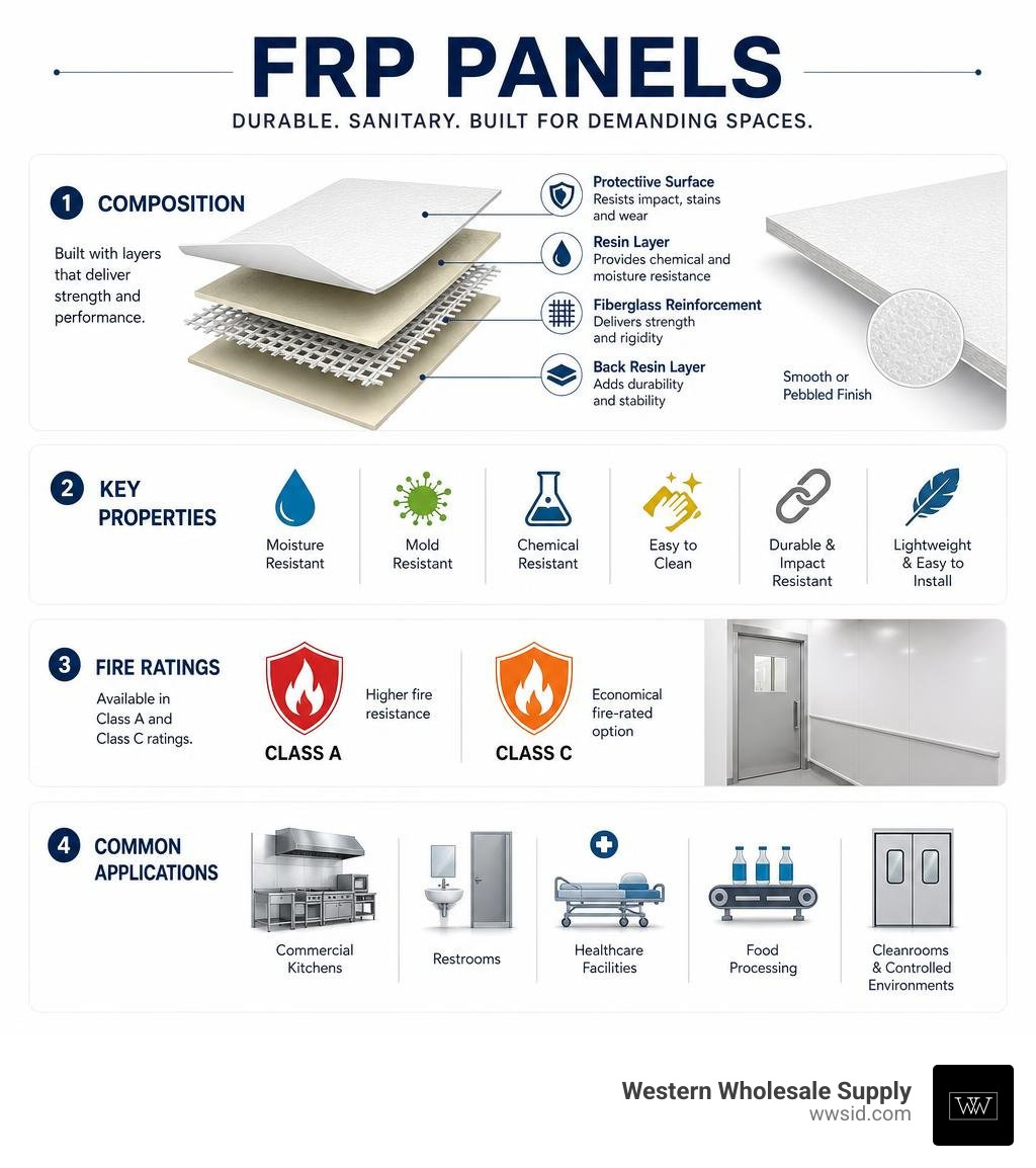 Infographic showing FRP panel composition, key properties, fire ratings, and common applications infographic Infographic showing FRP panel composition, key properties, fire ratings, and common applications infographic