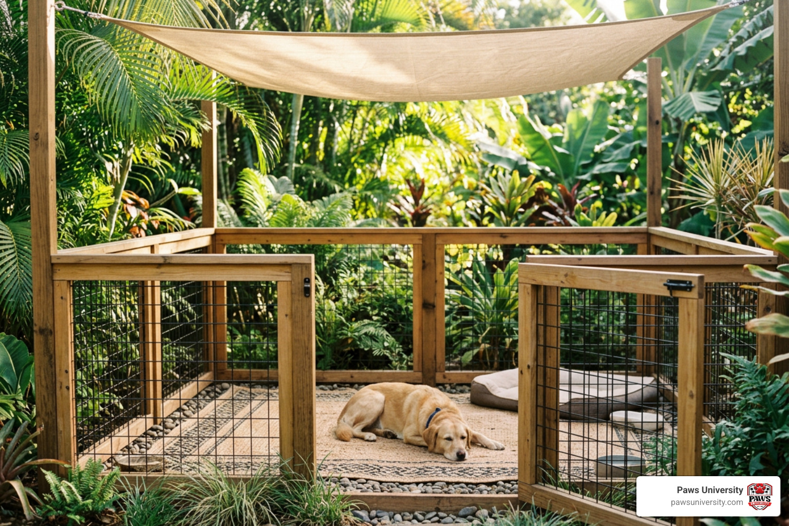 A dog resting comfortably in a shaded, spacious outdoor playpen surrounded by tropical foliage A dog resting comfortably in a shaded, spacious outdoor playpen surrounded by tropical foliage