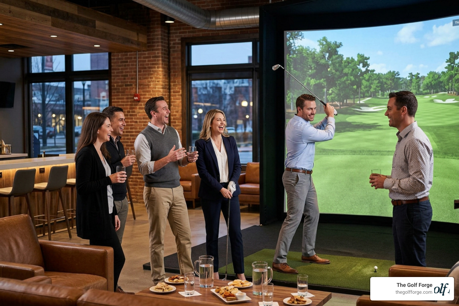 A corporate group enjoying high-tech golf entertainment and team-building A corporate group enjoying high-tech golf entertainment and team-building