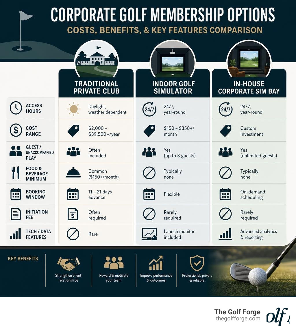 Corporate golf membership options: costs, benefits, and key features comparison infographic Corporate golf membership options: costs, benefits, and key features comparison infographic