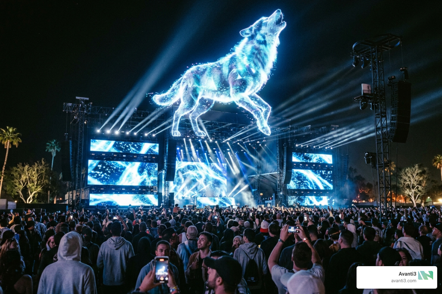 giant holographic wolf over an outdoor festival stage