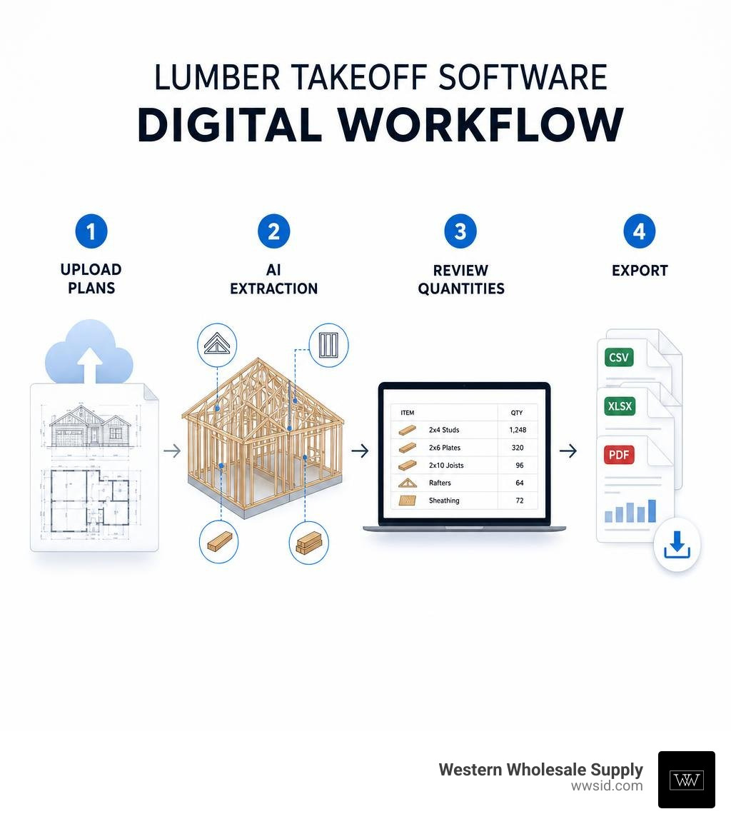 Lumber takeoff software digital workflow: upload plans, AI extraction, review quantities, export infographic Lumber takeoff software digital workflow: upload plans, AI extraction, review quantities, export infographic