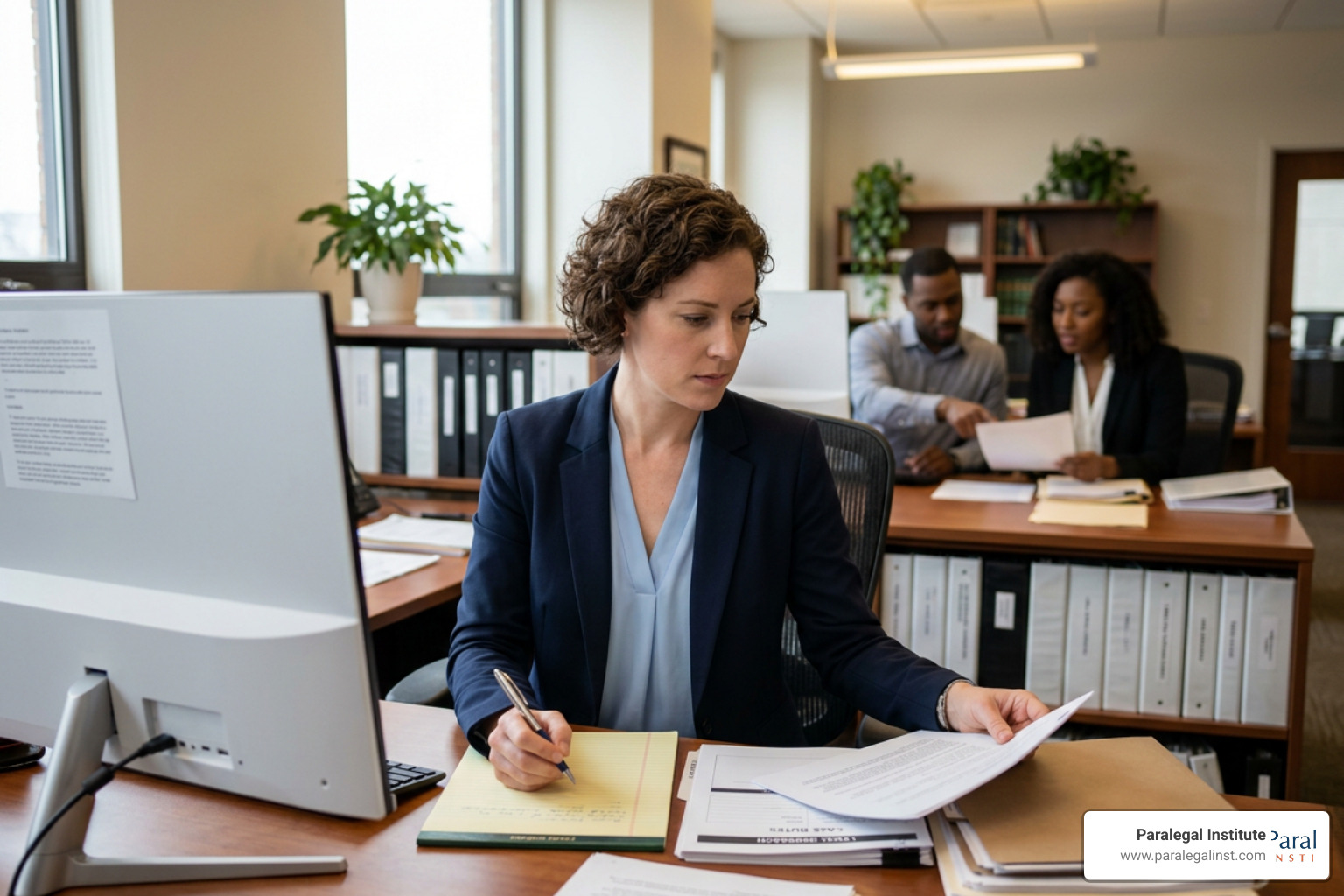 Paralegal meticulously organizing legal files and documents in a Las Vegas law office