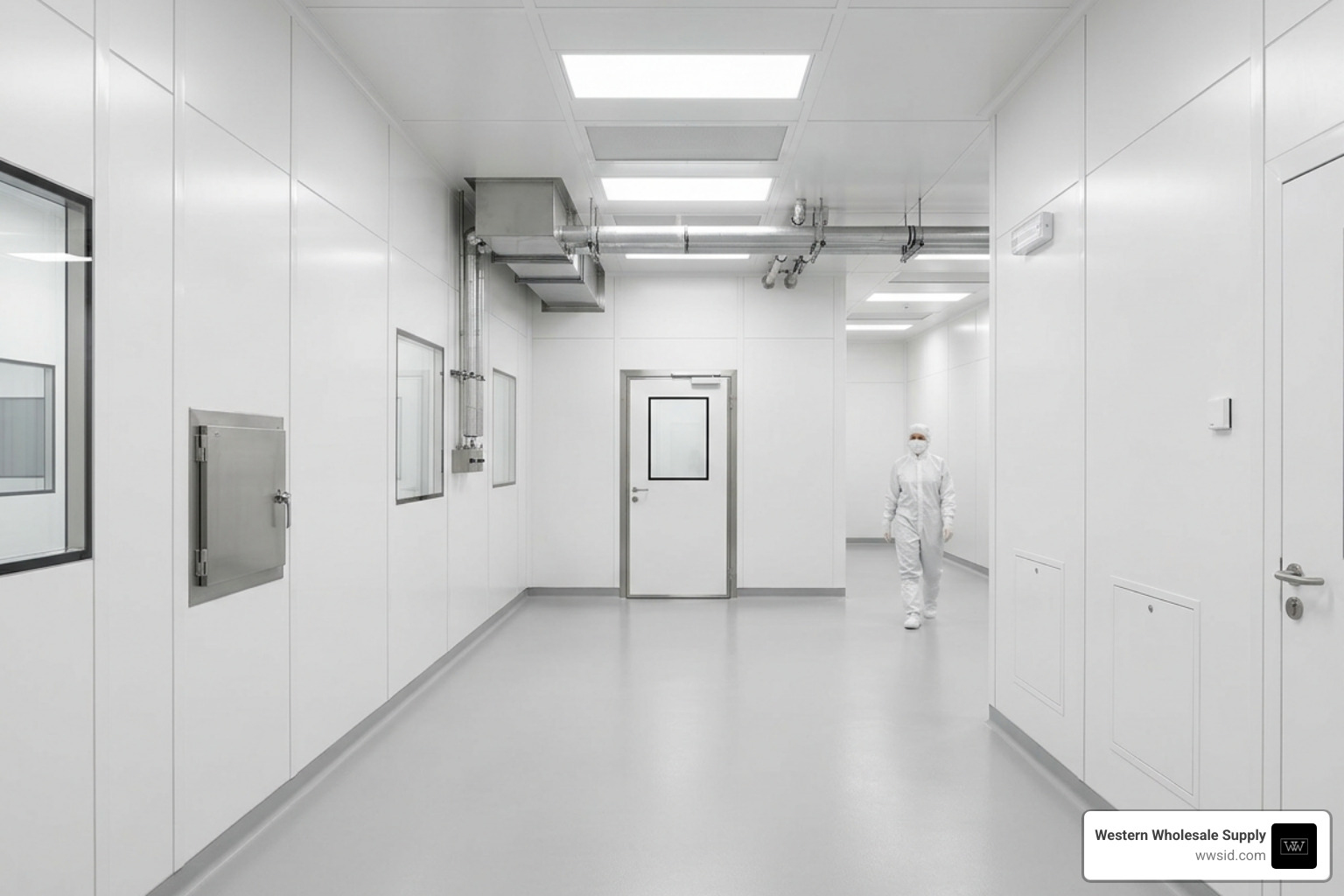 A cleanroom wall installation featuring perfectly aligned white FRP panels and sealed joints A cleanroom wall installation featuring perfectly aligned white FRP panels and sealed joints
