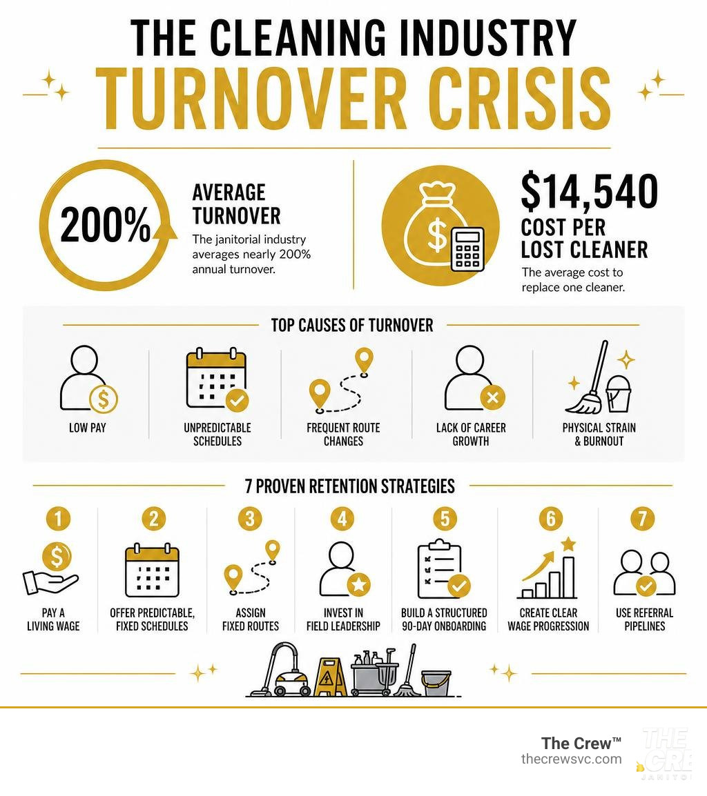 Infographic showing the cleaning industry turnover crisis: 200% average turnover, $14,540 cost per lost cleaner, top causes Infographic showing the cleaning industry turnover crisis: 200% average turnover, $14,540 cost per lost cleaner, top causes