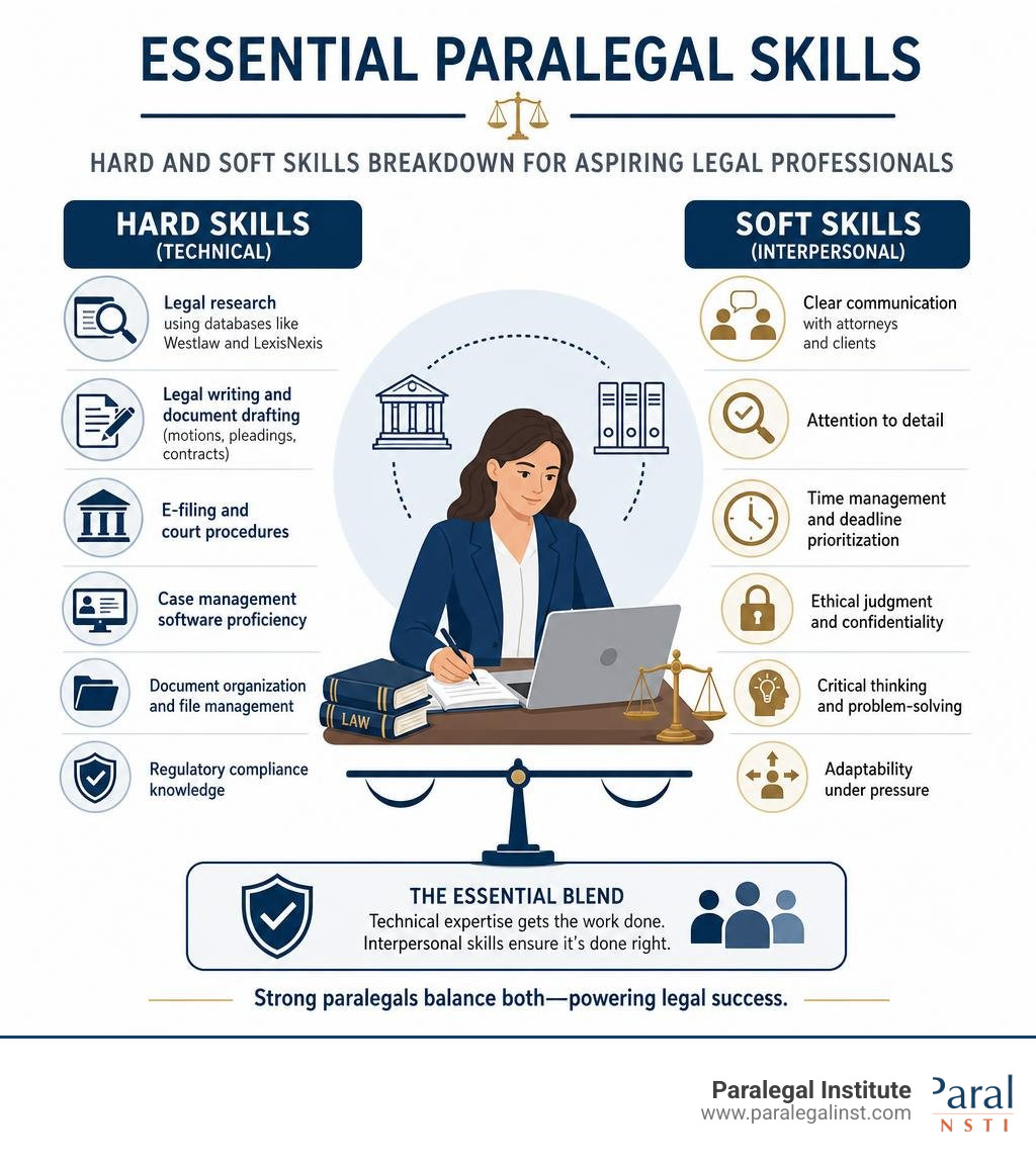 Essential paralegal skills: hard and soft skills breakdown for aspiring legal professionals infographic