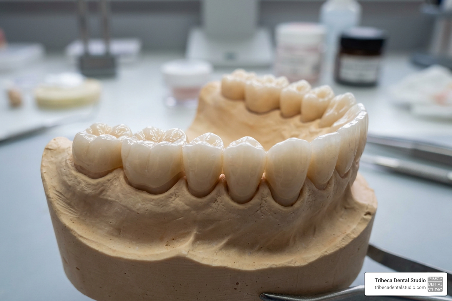 Zirconia full arch bridge prosthetic closeup
