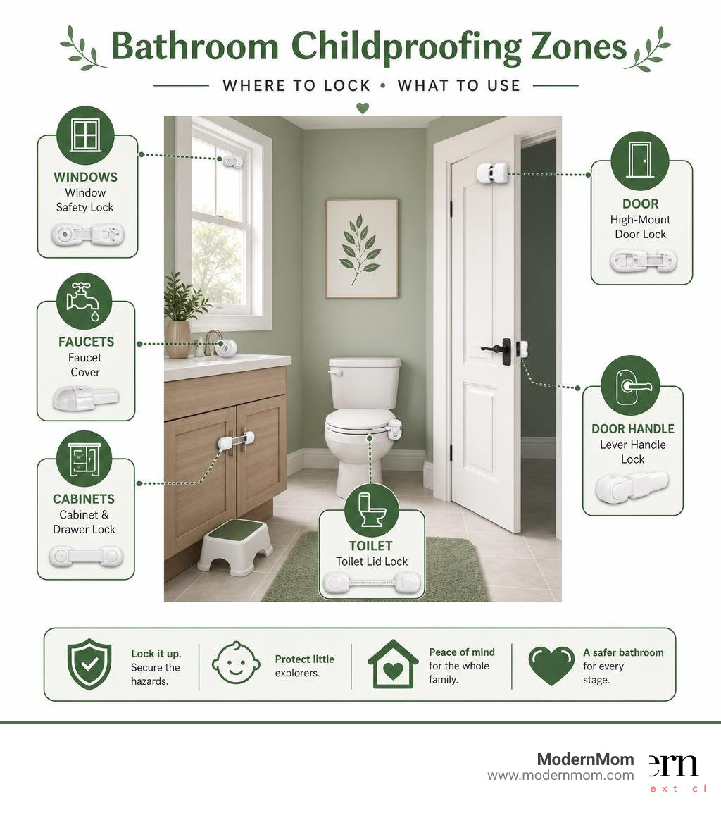 Bathroom childproofing zones: toilet, cabinets, door, faucets, and windows with recommended lock types infographic