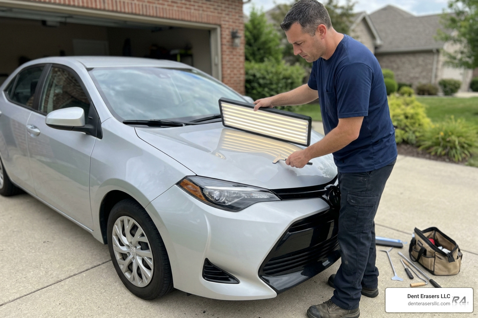 Professional mobile PDR technician using LED line board on a car hood Professional Mobile Pdr Technician Using Led Line Board On A Car Hood