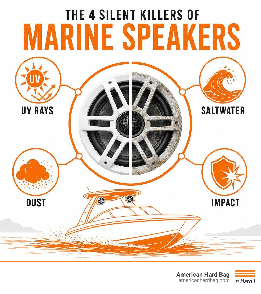 infographic showing UV rays, saltwater, dust, and impact as the four silent killers of marine speakers infographic