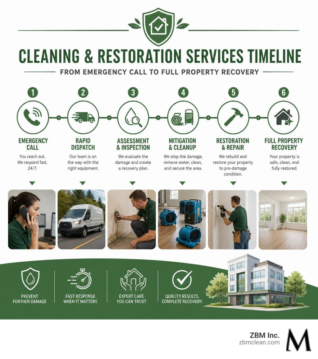 Cleaning and restoration services timeline: from emergency call to full property recovery infographic Cleaning and restoration services timeline: from emergency call to full property recovery infographic