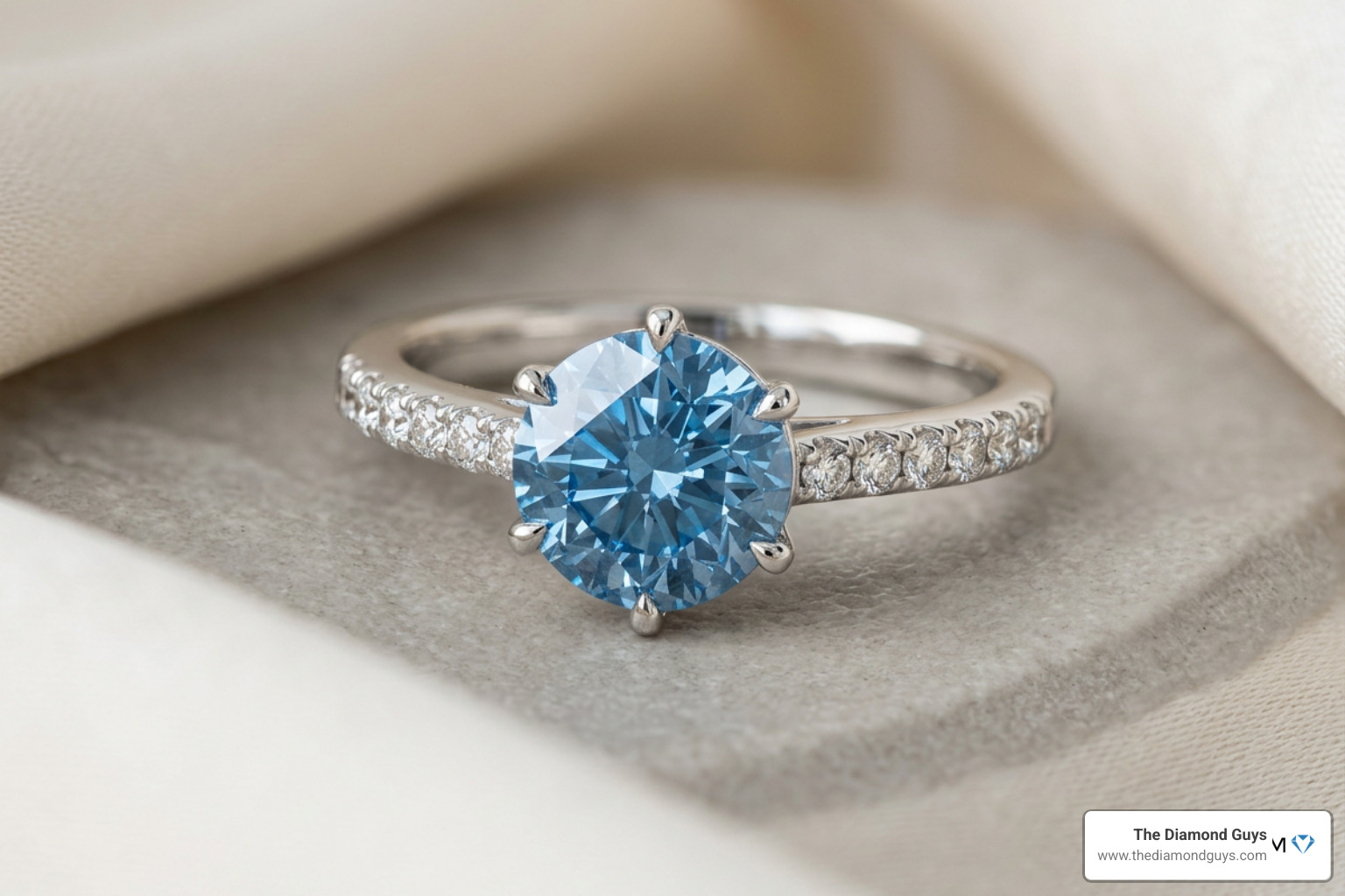 Custom blue diamond engagement ring in white gold setting Custom blue diamond engagement ring in white gold setting