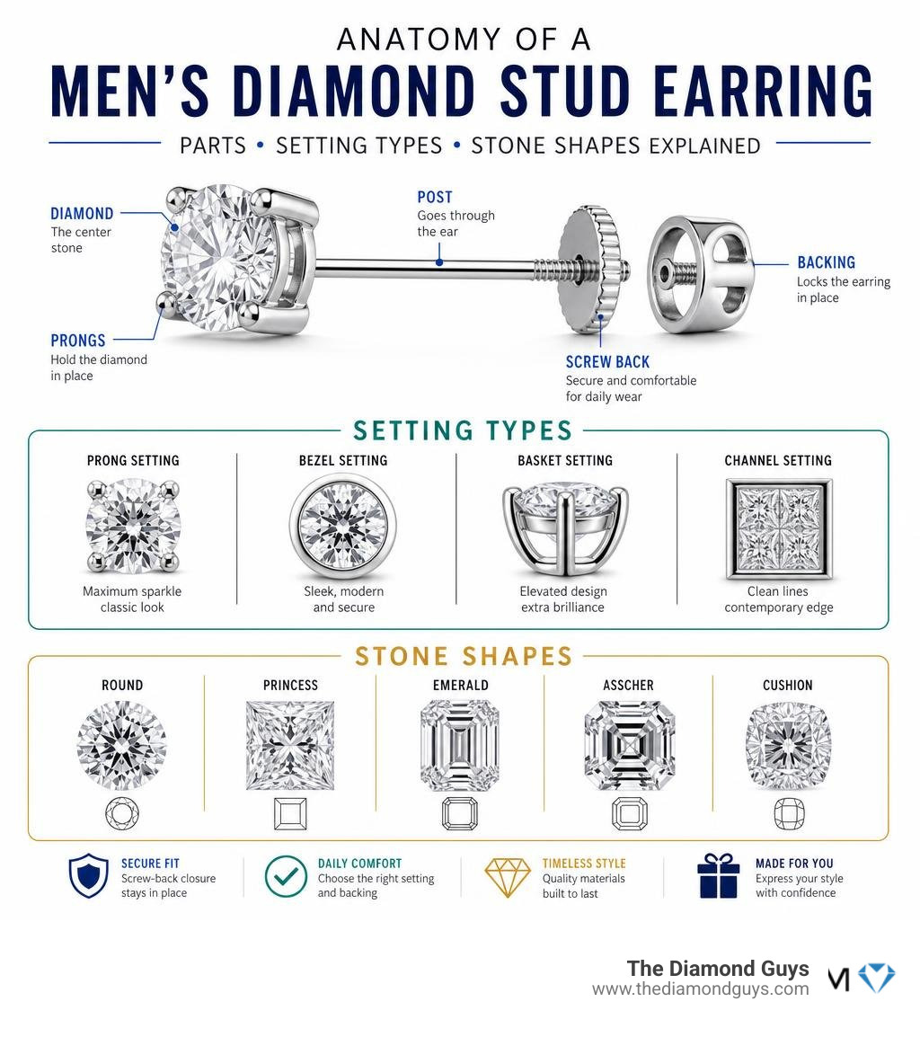 Anatomy of a men's diamond stud earring: parts, setting types, and stone shapes explained infographic Anatomy of a men's diamond stud earring: parts, setting types, and stone shapes explained infographic