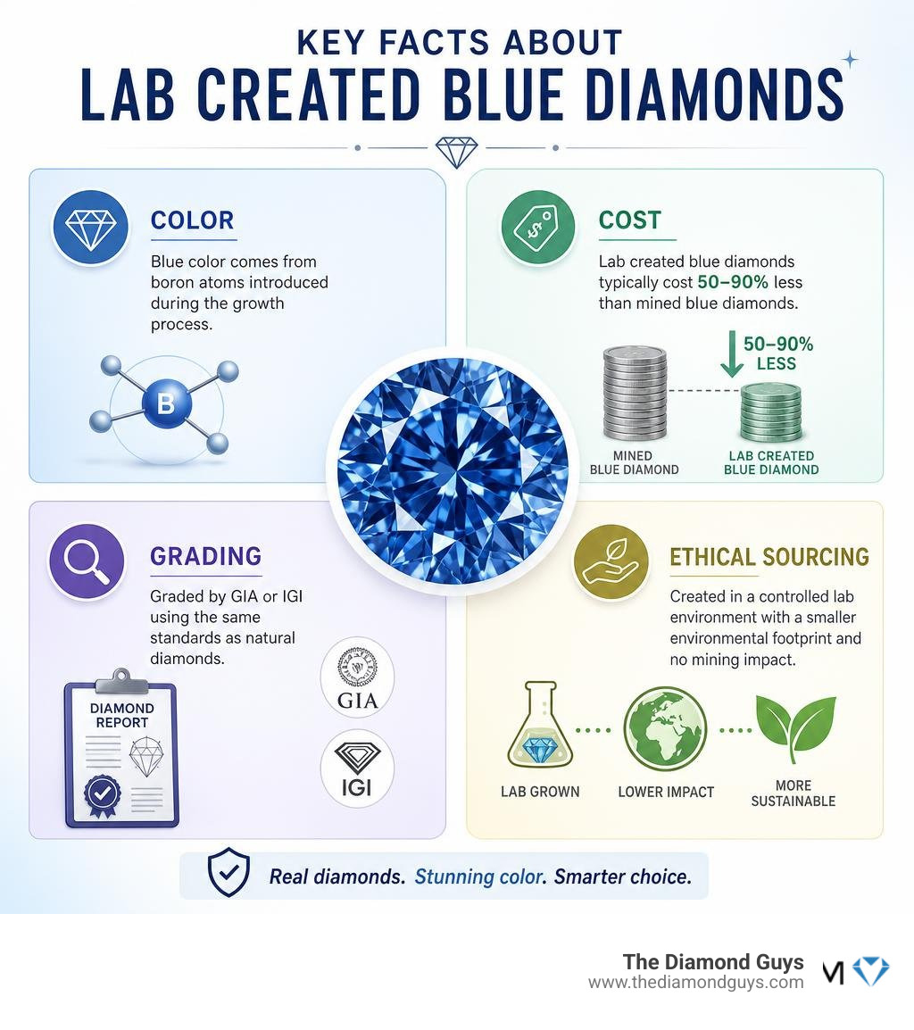 Key facts about lab created blue diamonds: color, cost, grading, and ethical sourcing infographic Key facts about lab created blue diamonds: color, cost, grading, and ethical sourcing infographic