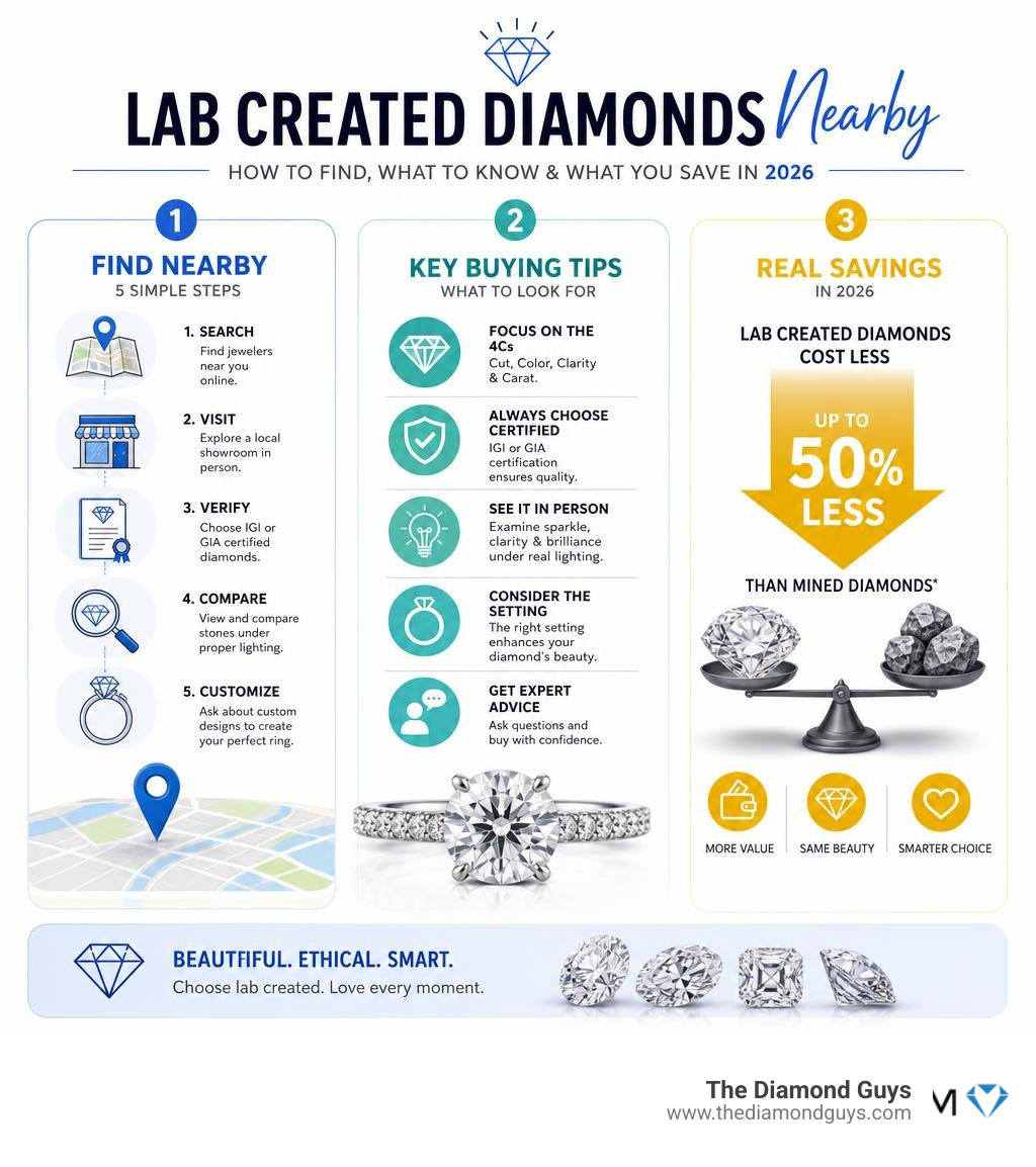 Infographic showing how to find lab created diamonds nearby, key buying tips, and cost savings in 2026 infographic Infographic showing how to find lab created diamonds nearby, key buying tips, and cost savings in 2026 infographic